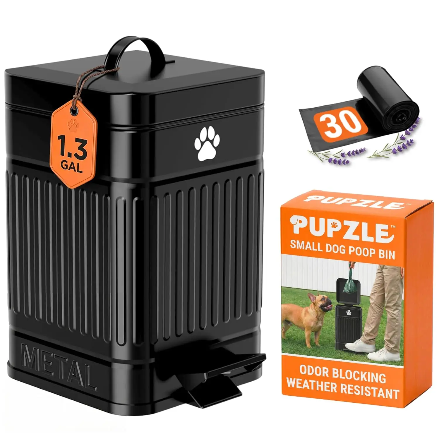 

Small Dog Poop Trash Can Outdoor, 1.3 Gal Metal Waste Bin with Lid, Waterproof Odor Control, Includes 30 Bags (Black)