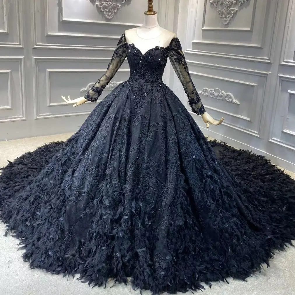 custom 15374# Exquisite Dark Blue Lace Beading Sequins Applique feather Bridal Gown Illusion Wedding Dress Sweep Train