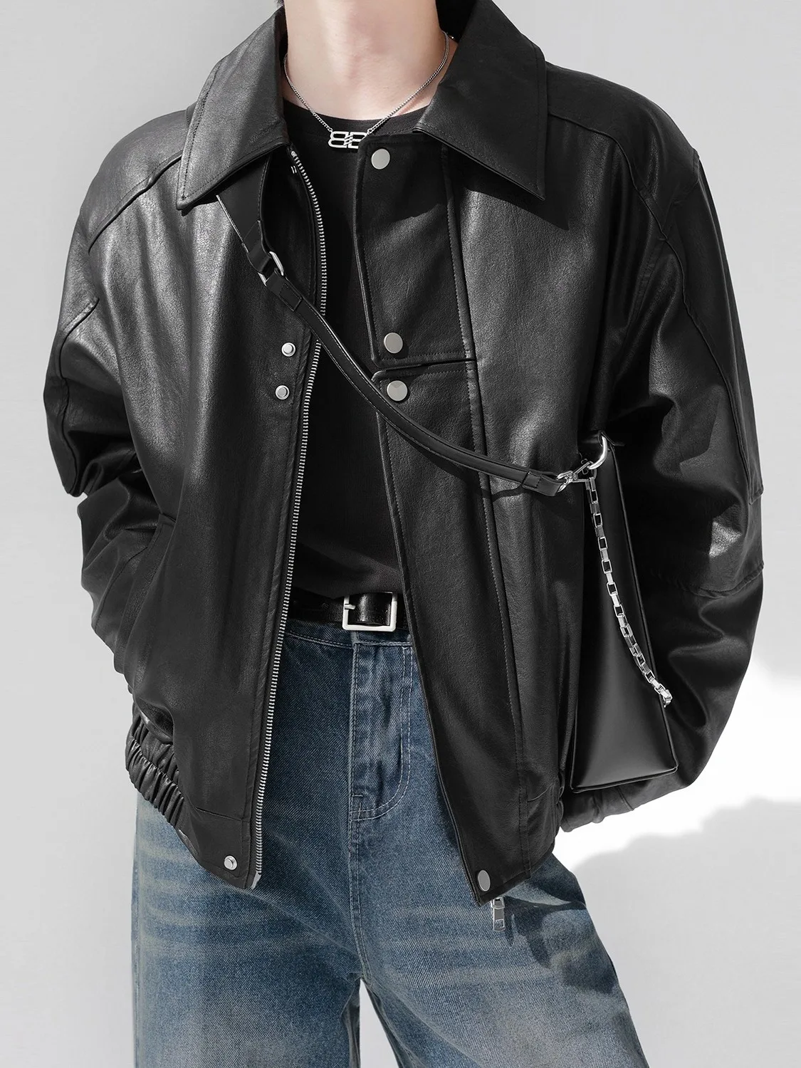 Retro Motorcycle Style Black PU Leather Jacket Men's Simple High-End Feel Stand Collar Zipper Jacket Youthful Casual Fashion
