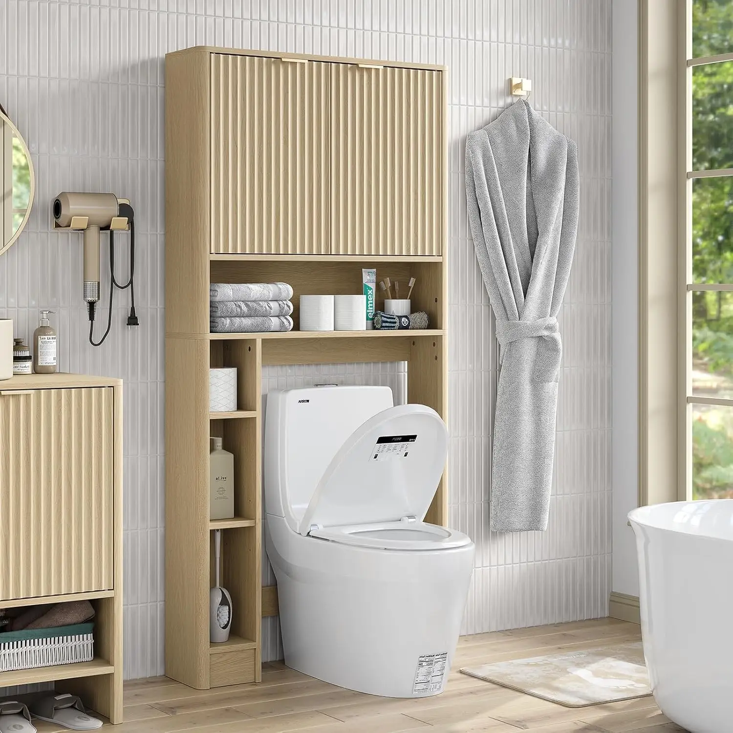 

Modern Over Toilet Storage Cabinet 31"W Fluted Doors Paper Holder Bathroom Natural Oak, Customized