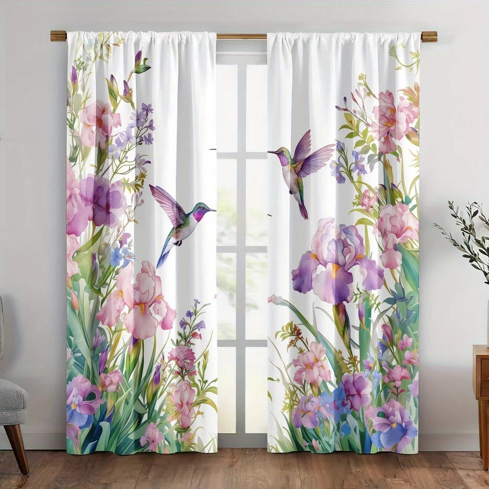 2 Panels Watercolor Floral Hummingbird Printed Curtains Pink Purple Flowers Window Drapes for Living Room Bedroom Home Decor