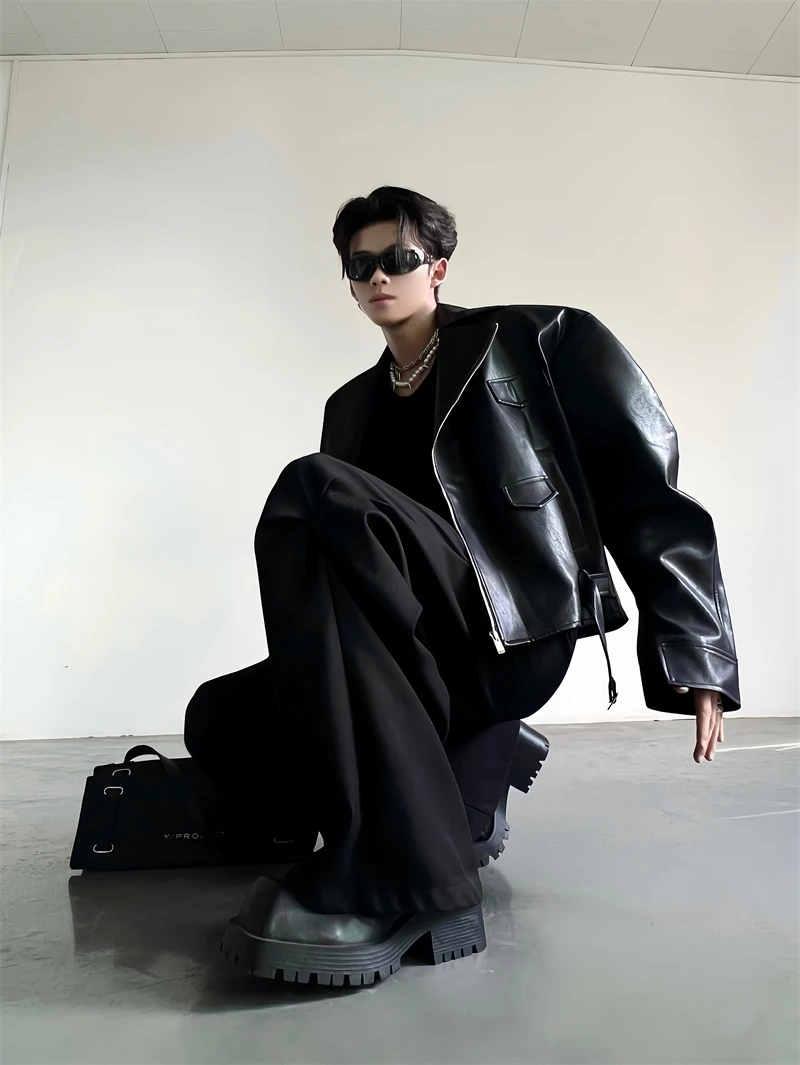 Ace Cleanfit Short Jacket Shoulder Pad Design Korean Style Zipper Decoration Windproof Youth Fashion PU Leather Coat for Men