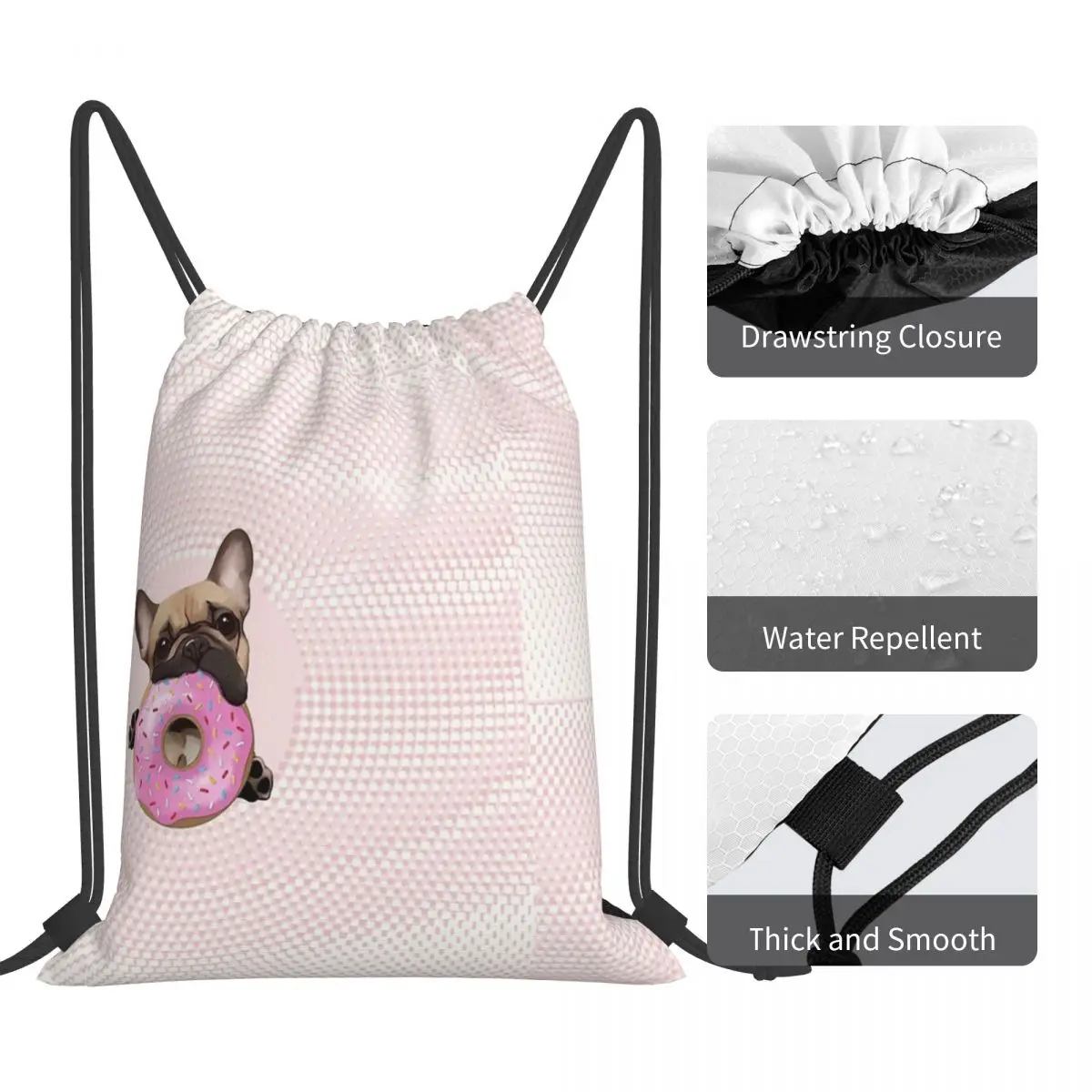 Amanti del Bulldog francese, dolce Frenchie con ciambelle rosa zaini borse con coulisse borsa per articoli vari borse per libri per uomo donna studenti