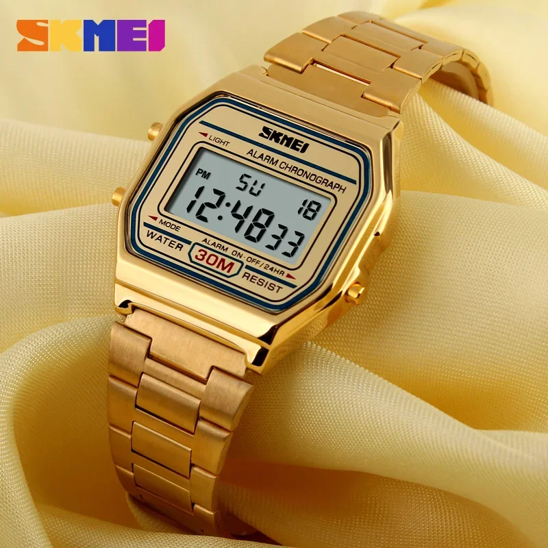 SKMEI 1123 Luxury Digital Watch for Men Retro Stainless Steel Electron Sports Waterproof Wristwatches Clock 1328 Reloj Hombre