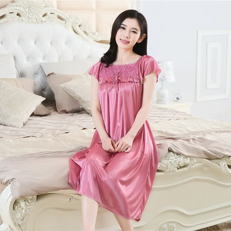 YINSILAIBEI Rose Women's Sexy Sleepwear Plus Size Ice Silk Satin Night Dress Nightgown Female Lingerie Dress Sexy Nightwear