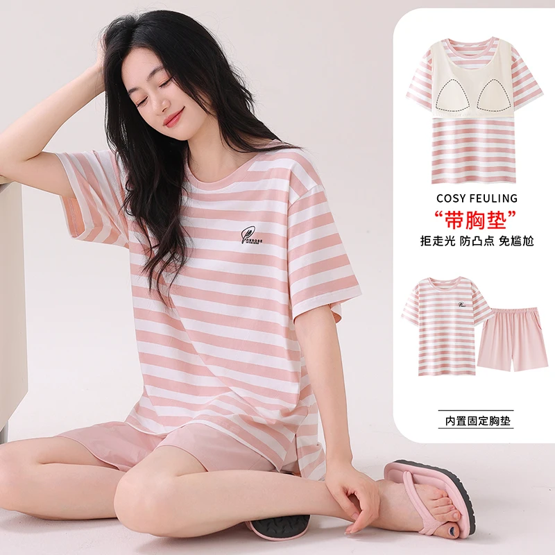 

Summer Women Pajamas Set With Chest Pad Female Modal Sleepwear Short Sleeve Casual Homewear
