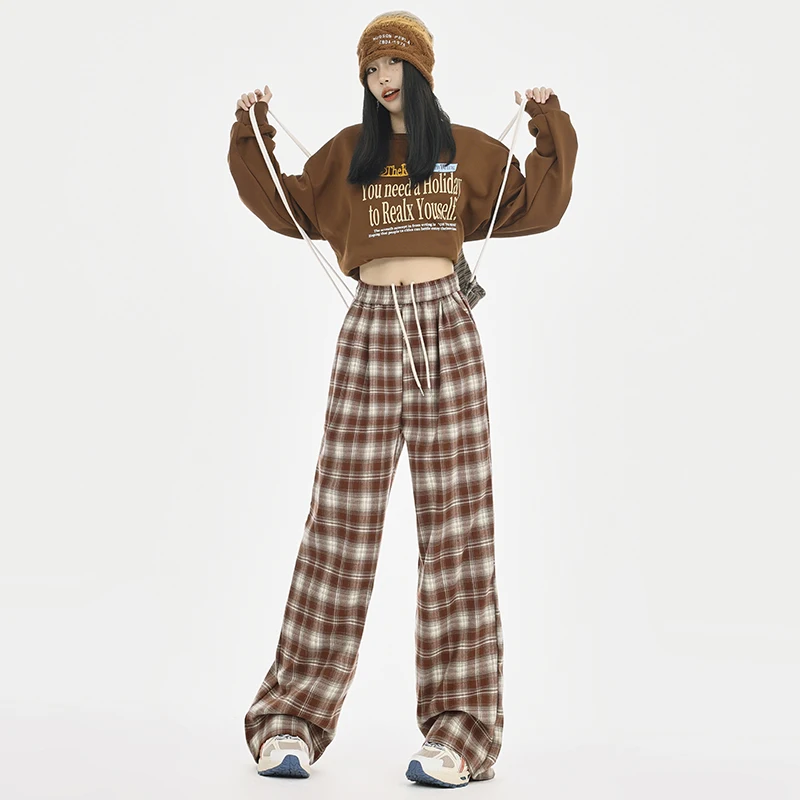 

Popular straight-leg wide-leg pants for women, autumn and winter loose casual pants, high street red and blue plaid pants