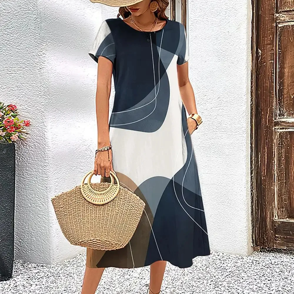 Elegant Women Dress Summer Short Sleeves Dresses streaks Printed Woman Clothing Loose A-Line Skirt Casual Round Collar Pullover