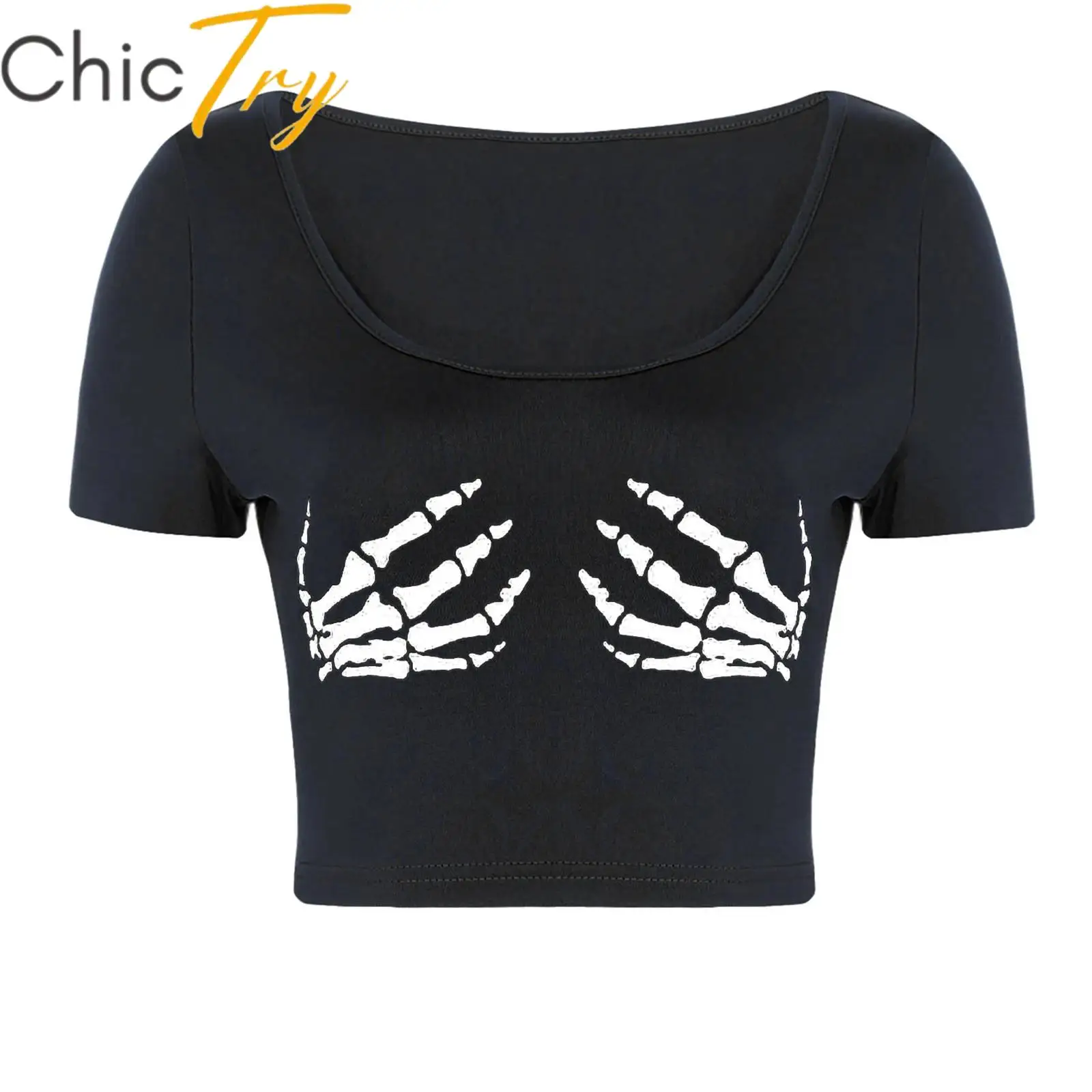 

Womens Sexy Punk Crop Top Camis Skeleton Skull Hand Print Y2K T-shirt Tights Tanks for Streetwear Halloween Party Night Club