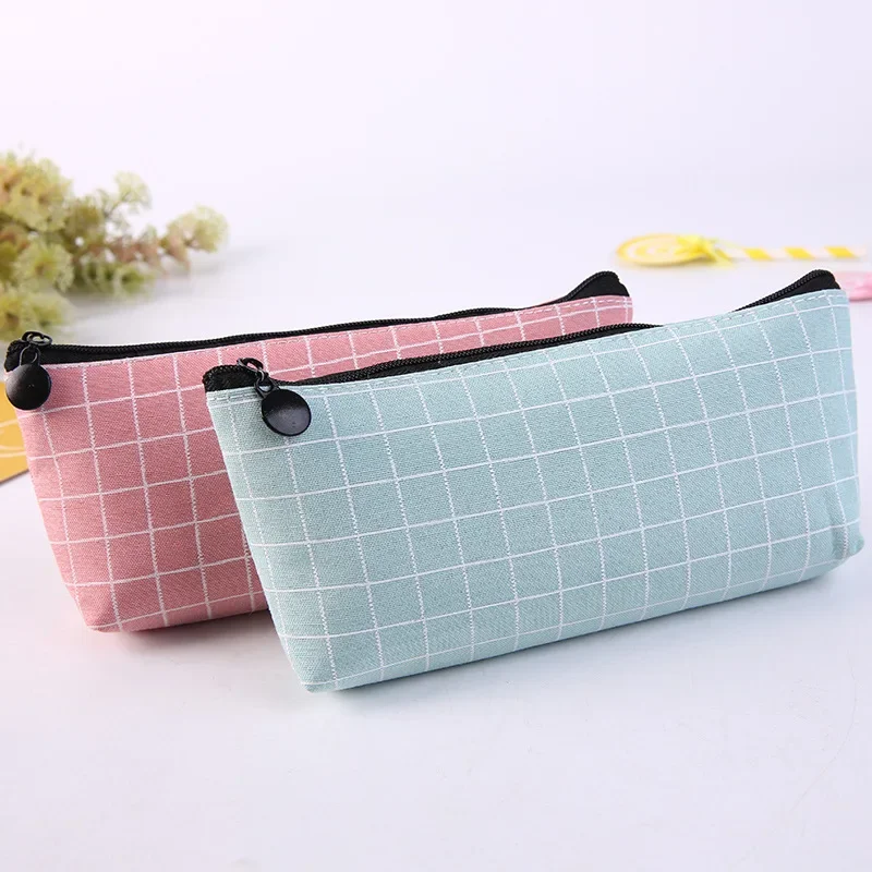 Fresh Square Lattice  Pencil Case Office Stationery and School Supplies Canvas Material Pencil Bag