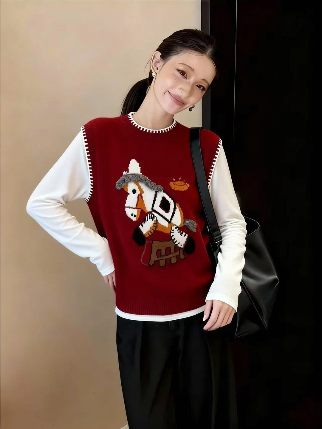 

Вязаный пуловер-жилет свободного кроя с узором, красный, весна 2026, женский, модный, мягкий, из двойной шерсти с начесом