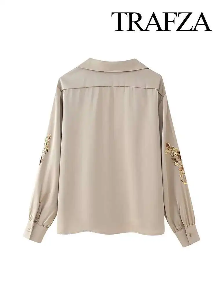 

New Summer Fashion Women Blouse Solid Turn-Down Collar Long Sleeve Sequins Decorate Single Breasted Female High Street Shirts