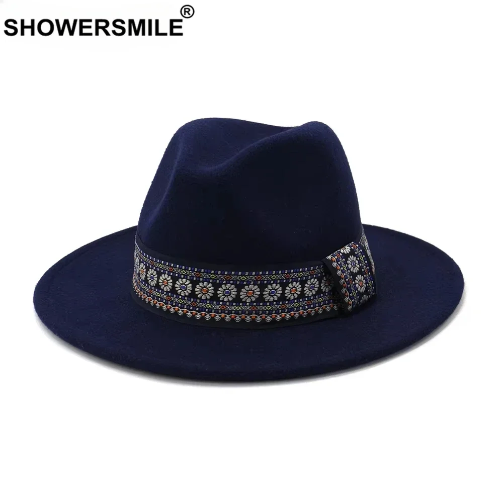 

Navy Fedora Hat with Ethnic Style Belt Floral Pattern Women Men Felt Trilby Hat Wide Brim Fashion Fedora Autumn Winter Hat