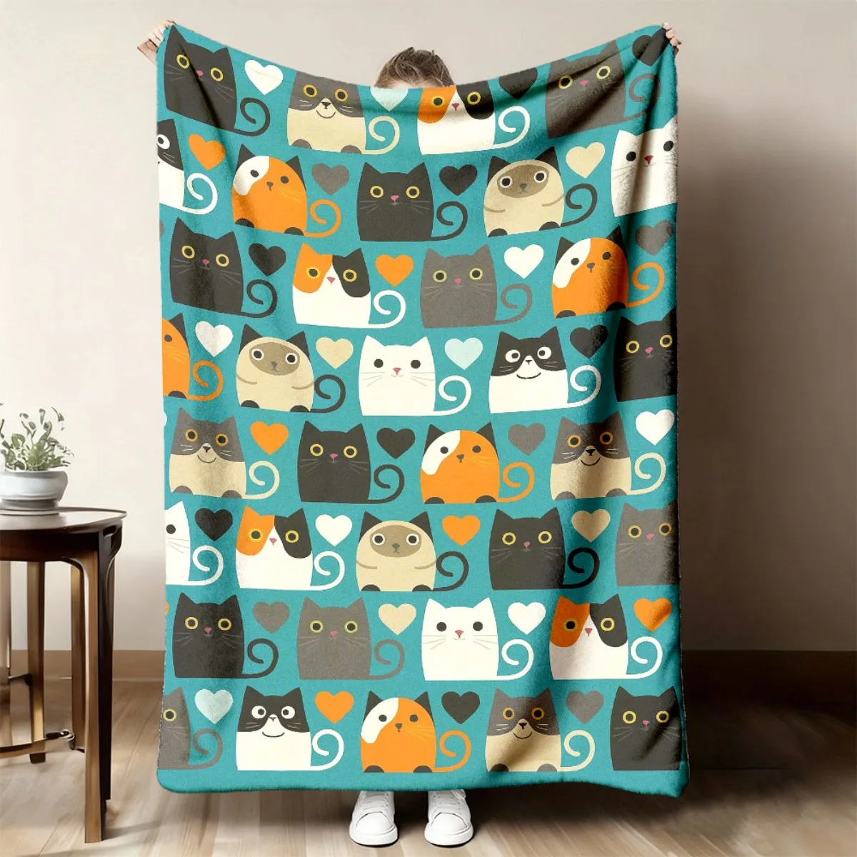 Teal Background Cartoon Mixed Cats Heart Repeating Print Soft Warm Blanket For Bedroom Sofa Camping Home Leisure House Use