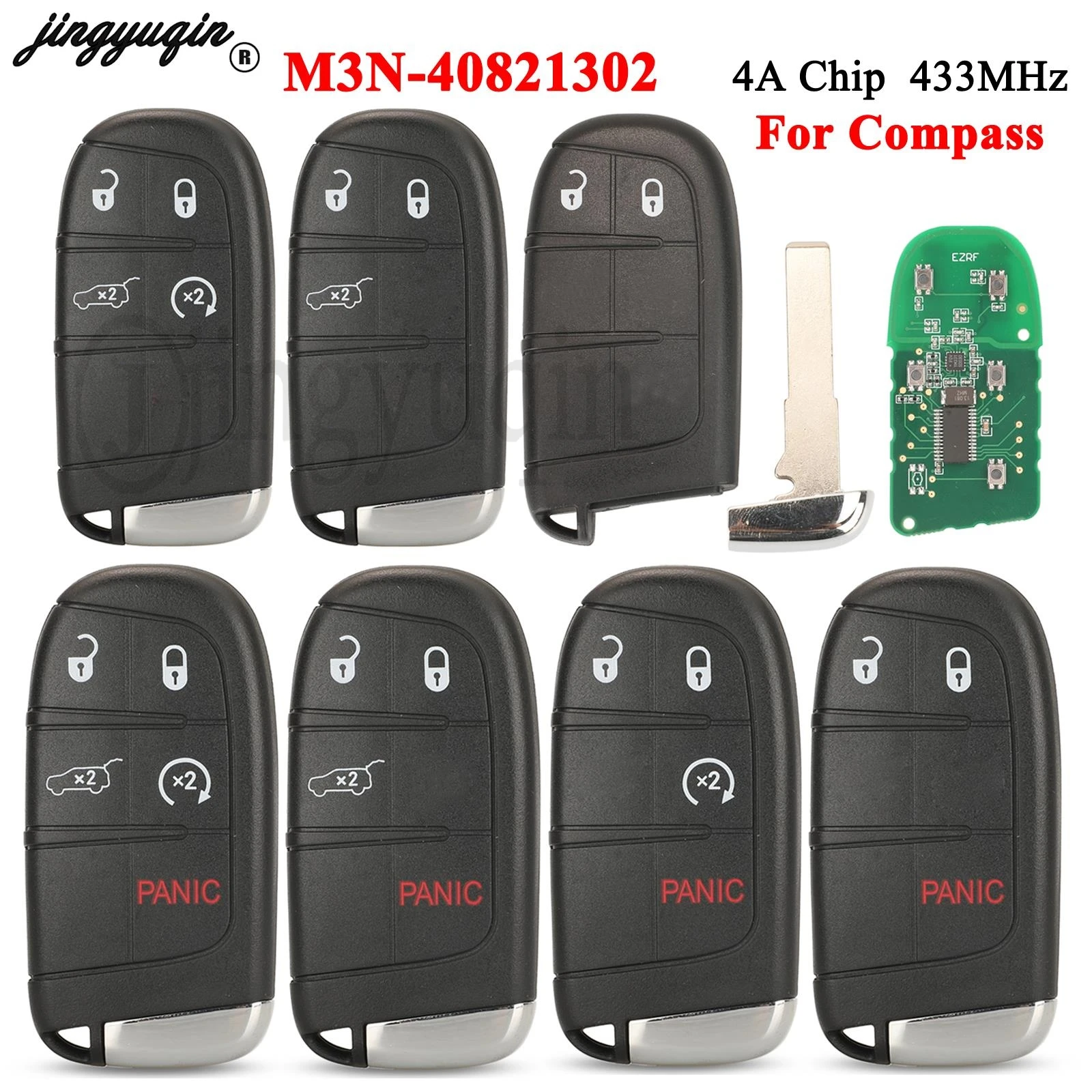 

jingyuqin M3N-40821302 4A Chip For Jeep Renegade Compass Aftermarket Car Smart Remote Key 433Mhz Fob SIP22 Blade 2/3/4/5 Buttons