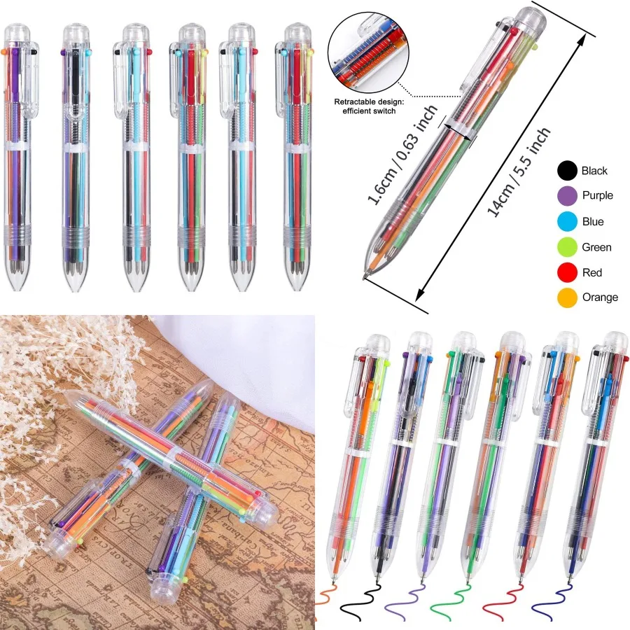 

EEOYU 15 Pack Multicolor Pens 0.5mm 6-in-1 Retractable Ballpoint Pens with 6 Colors in Transparent Barrel for Office and School