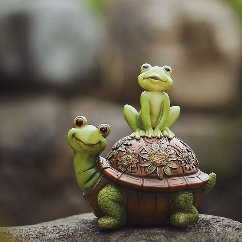 Statue animale de tortue et de grenouilles de bande dessinée mignonne, sculpture en résine, décoration de jardin, ornements de balcon, cadeau drôle de maison, salle de fête