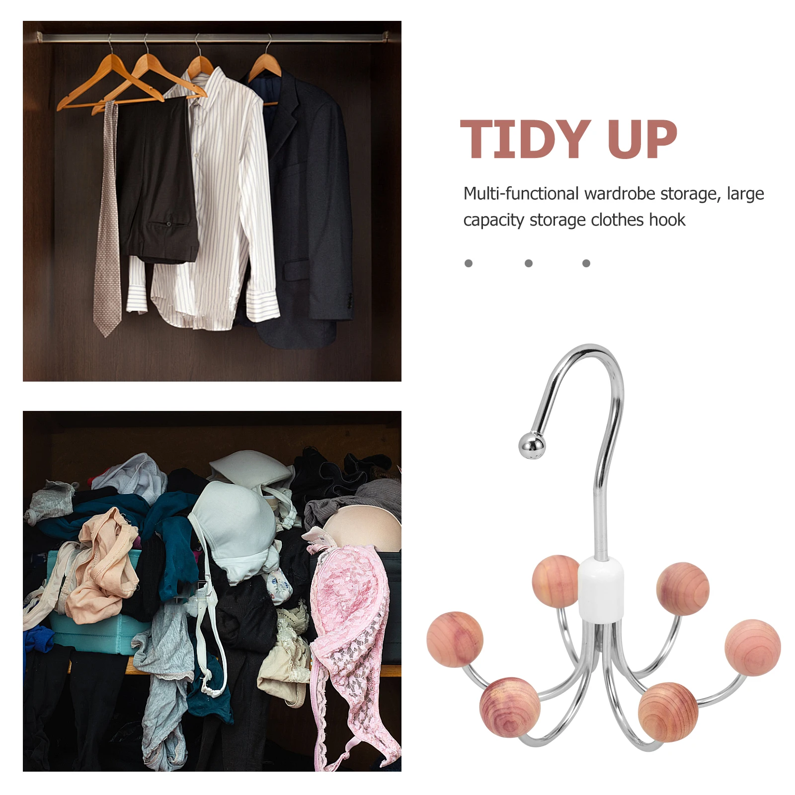 

Creative Wooden Ball 6 claw Swivel Hook High Capacity Clothes Hanger Bra Tie Scarf Purse ganizer Snow Pine Color Rotating Hooks