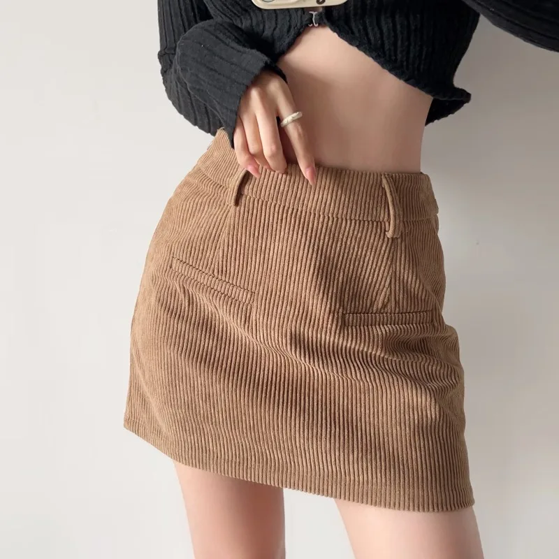 

HOUZHOU Vintage Corduroy Skirt Women Fashion 2024 Autumn Winter Korean High Waist A-line Slim Mini Skirt Casual Office Lady