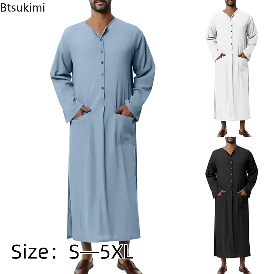 

New 2025 Men's Muslim Long Sleeve Robe Muslim Jubba Thobe Casual Kaftan Button Closure Solid Color Slit Arabic Clothes For Male