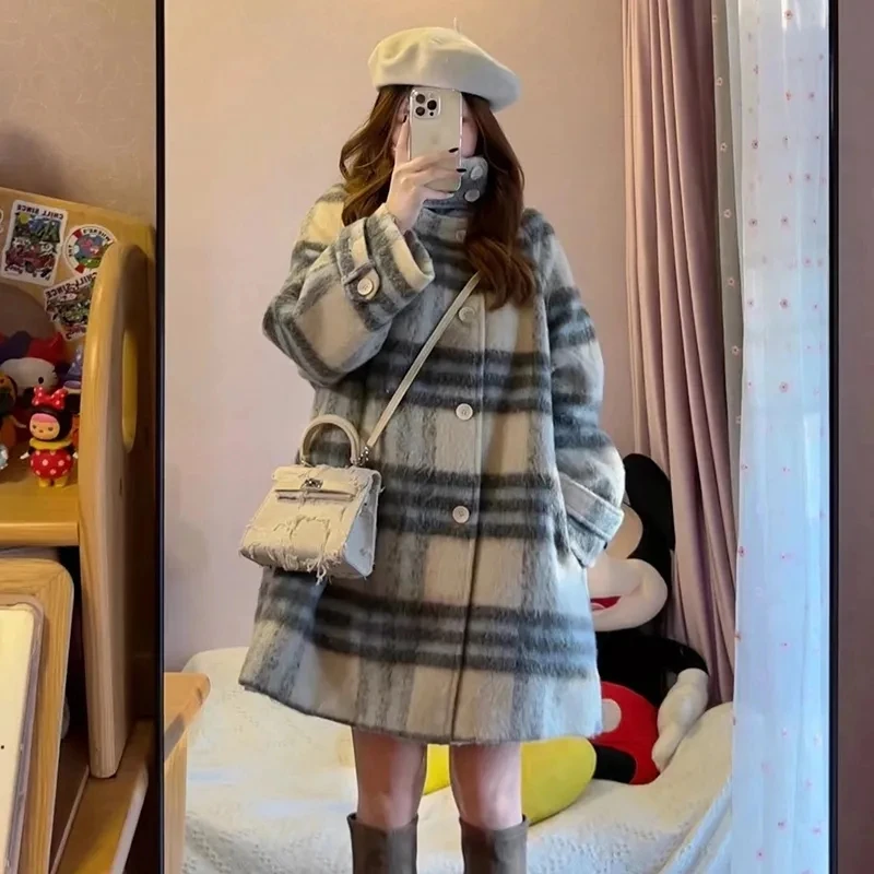 2023 New Autumn/Winter Checkered Woolen Coat Mid Length Korean Style The Waist Fashion Contrast Color Woolen Outwear Women