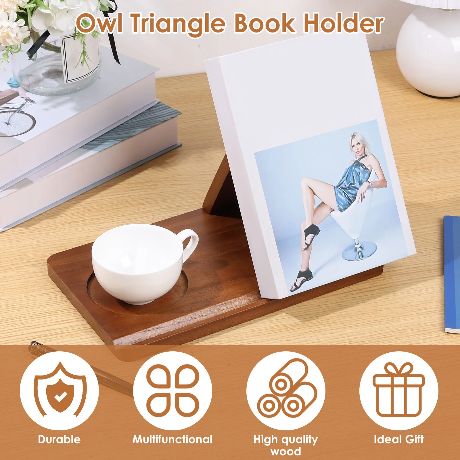 Book Rest Stand Owl Triangle Book Holder with Cup Holder Wood Triangle Book Stand Multifunctional Book Rest Holder Small Book