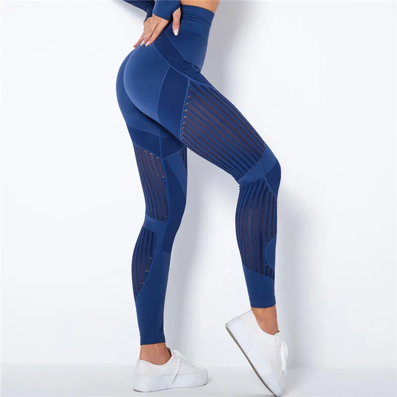 Hollow hip lift Sexy Leggings Women Seamless elastic tight bodybuilding High Waist Stripe Pants Slim Push Up Fitness Leggins