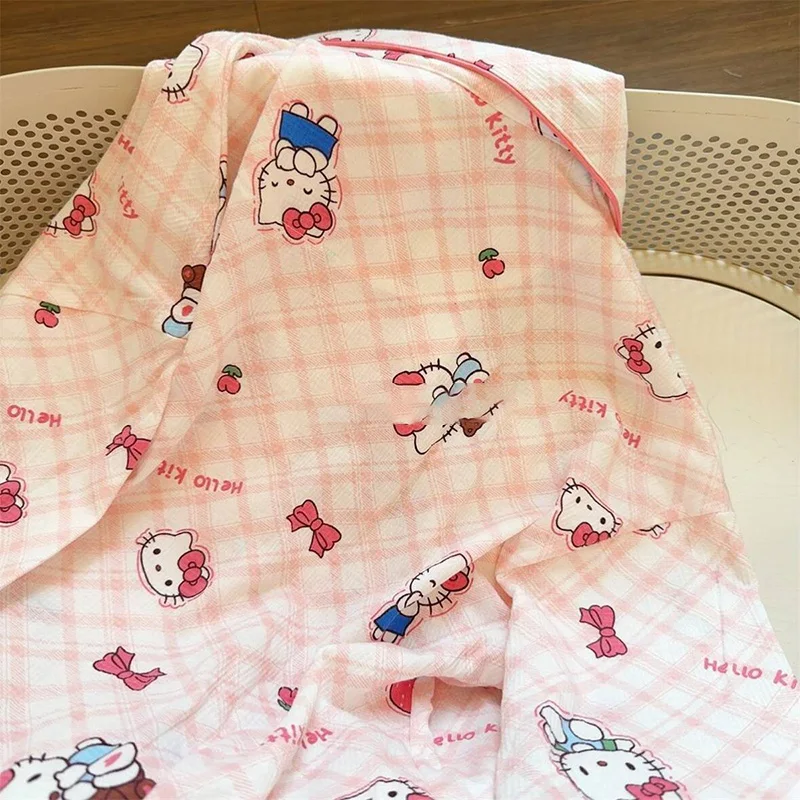 Cartoon Hello Kitty Long Sleeved Pajamas Cute Japan Sweet KT Cat Grid Long Sleeved Pants Student Home Pajamas Suit Kawaii Anime