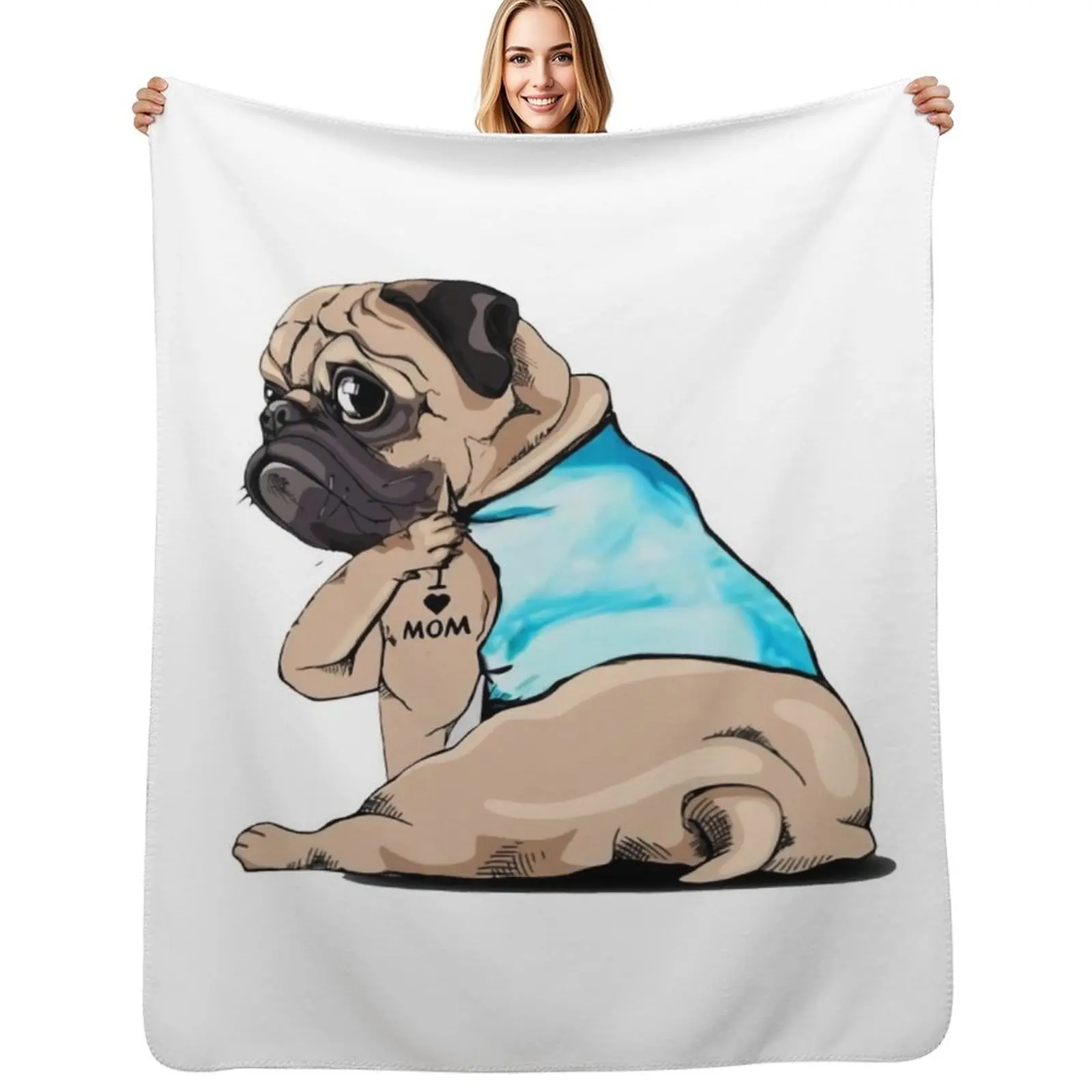 

Pug Dog I Love Mom Tattoo Design Throw Blanket heavy to sleep Softest halloween Hair Blankets