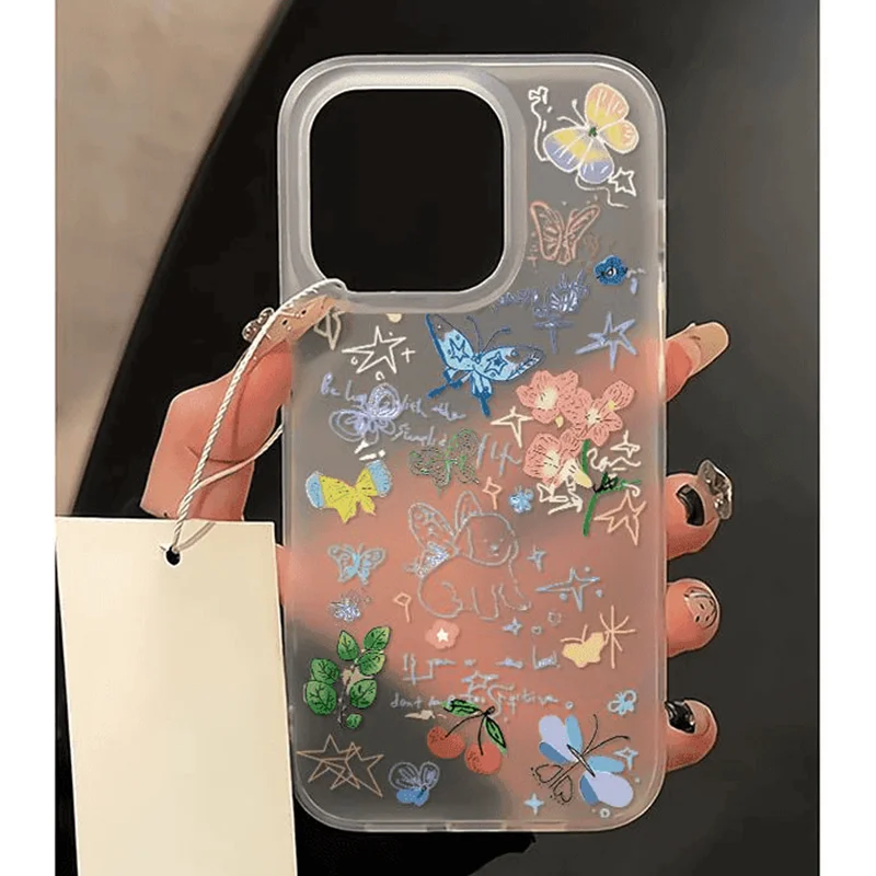 

Phone Case For iPhone 16 15 14 13 12 11 8 7 X XS XR Pro Max Plus New INS Graffiti Butterfly Print Frosted Clear Protective Cover
