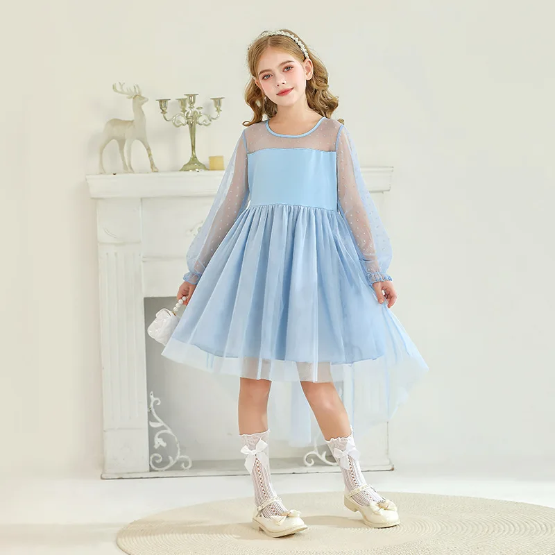 New Girls O Neck Ruched Ruffles A Line Dress Noble Wedding Party Dresses Elegant Slim Solid Mesh Long Sleeve Evening Dresses