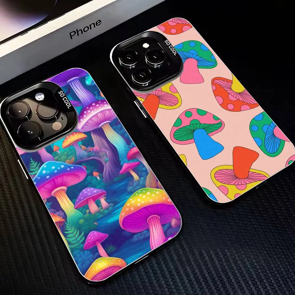 

INS Colorful Mushroom Flower Phone Case For iPhone17,16,15,14,13,12,11 Plus,Pro Max Black Matte Shockproof Cover