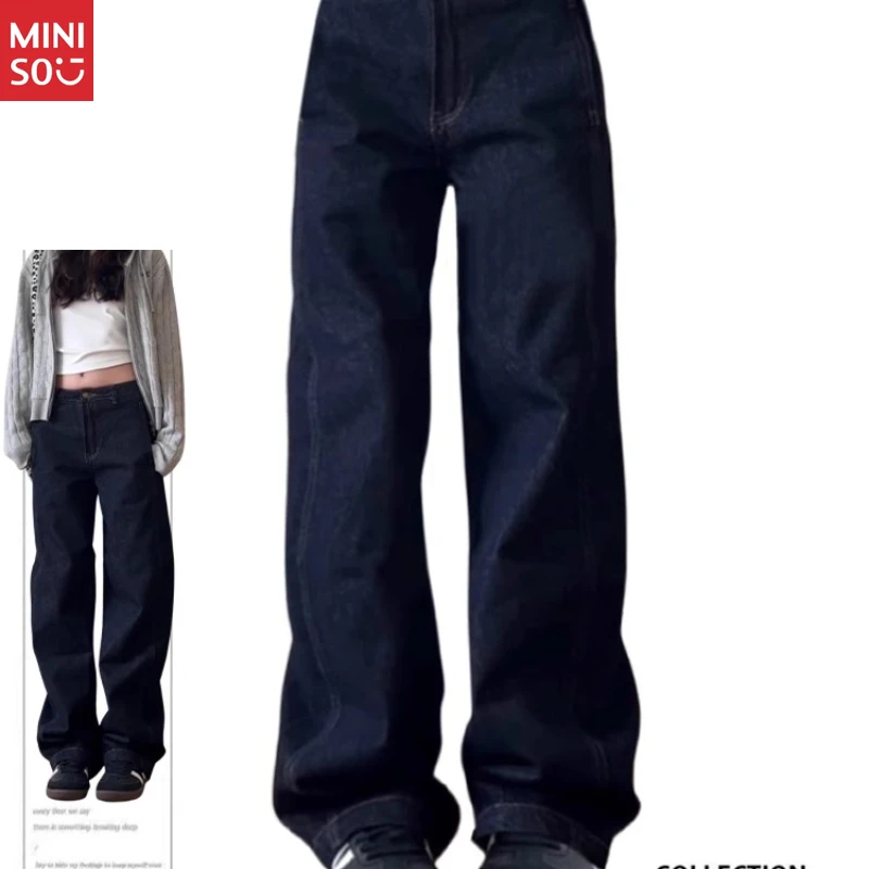 

Прямые темно-синие джинсы Miniso больших размеров, винтажные джинсовые брюки 2025 года, офисные брюки со средней и низкой талией