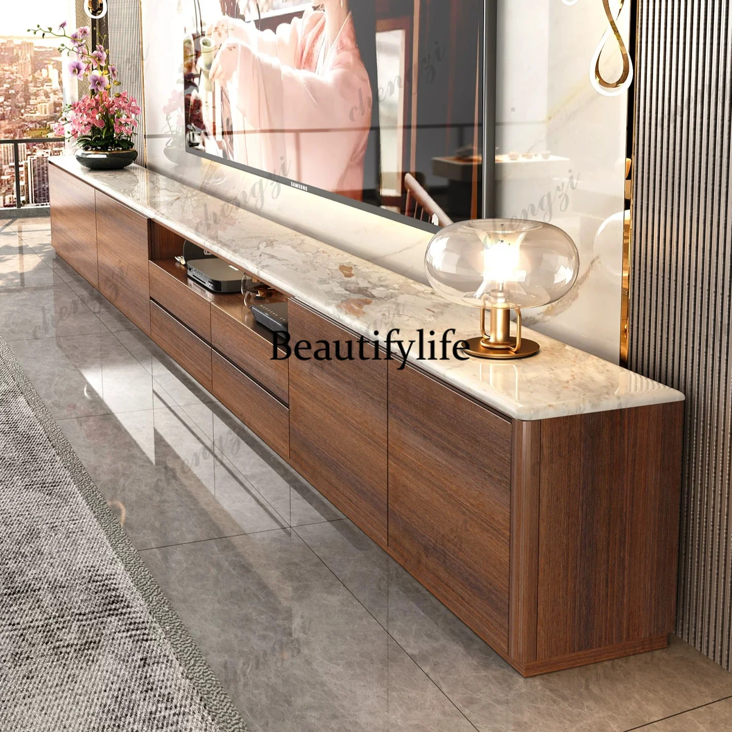 Natural marble TV cabinet Solid wood medieval living room Home floor TV cabinet Walnut color