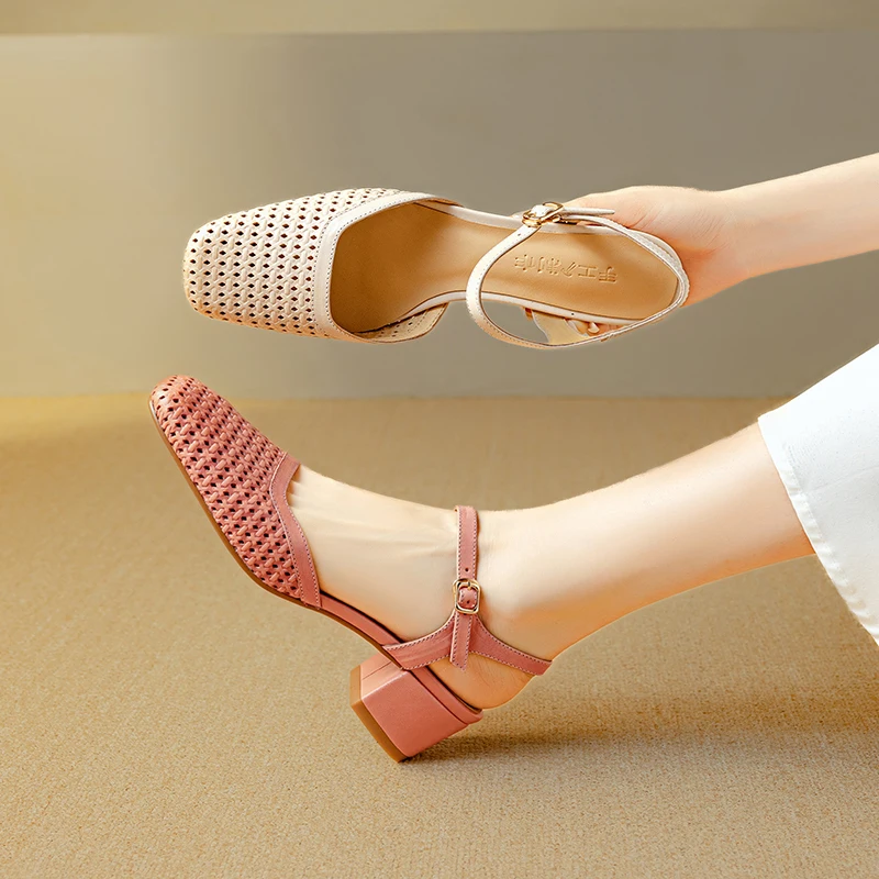 2026 new summer women sandals natural leather plus size 22-25cm cowhide+weave+sheepskin+pigskin ankle-buckle women shoes