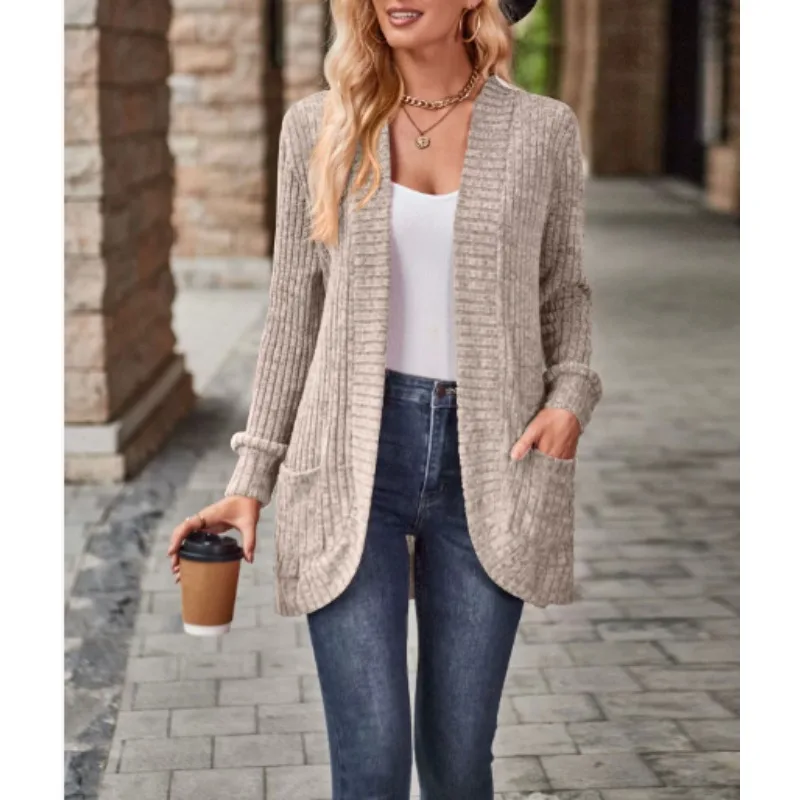 Feminino oco para fora frente aberta cardigan com bolsos solto moda casual frente aberta manga longa casaco grosso
