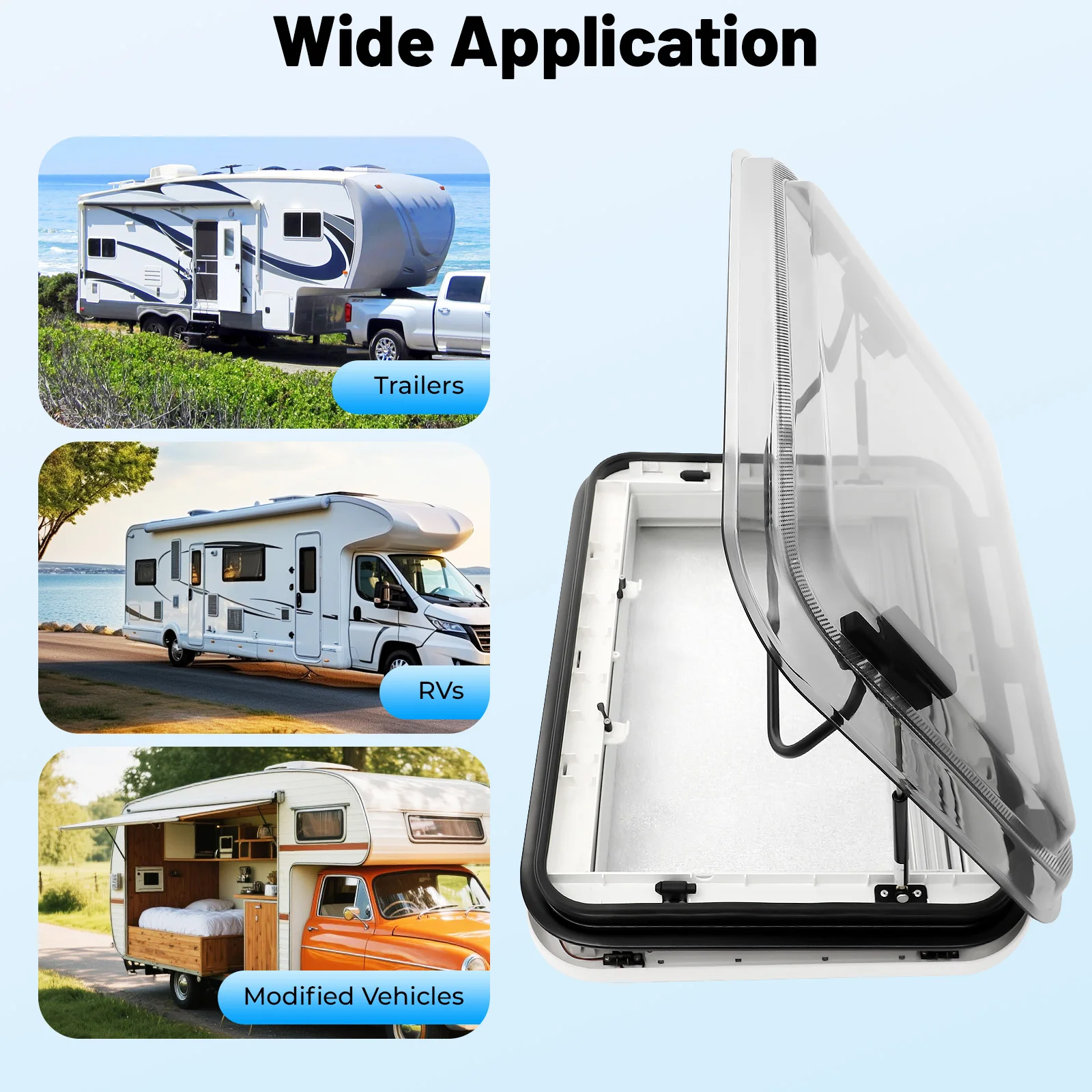 نافذة سقف كوة RV 70 × 50 سم 70 ° فتح فتحة زاوية السقف العلوي مع ضوء LED لمقطورات المنزل المتنقل للتخييم #3