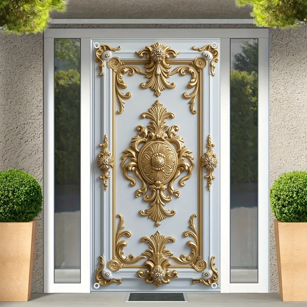 2D-Hausnummer, 1 Vintage-Türvorhang aus goldfarbenem und weißem Holz – elegantes Blumendesign, Partyhintergrund