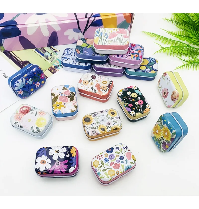 1PCS Elegant Floral Pattern Mini Storage Box for Candy & Pill Small Square Tin Earrings Box With Lid Jewelry Metal Container