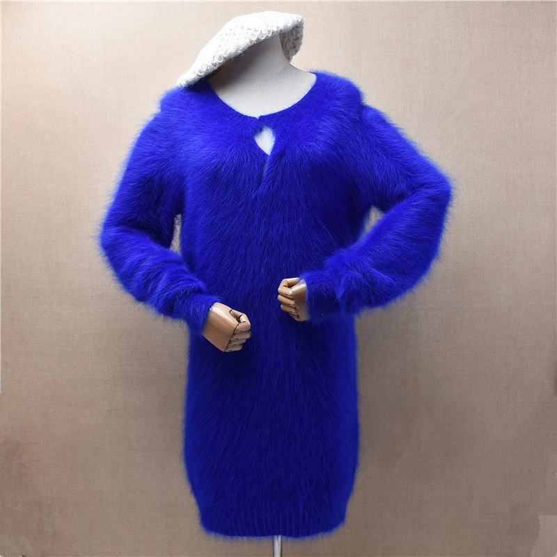 Vrouwen Mujer Herfst Winter Kleding Blauw Harige Nertsen Kasjmier Gebreide O-hals Lange Mouwen Medium Lange Trui Jumper Jurk Pull