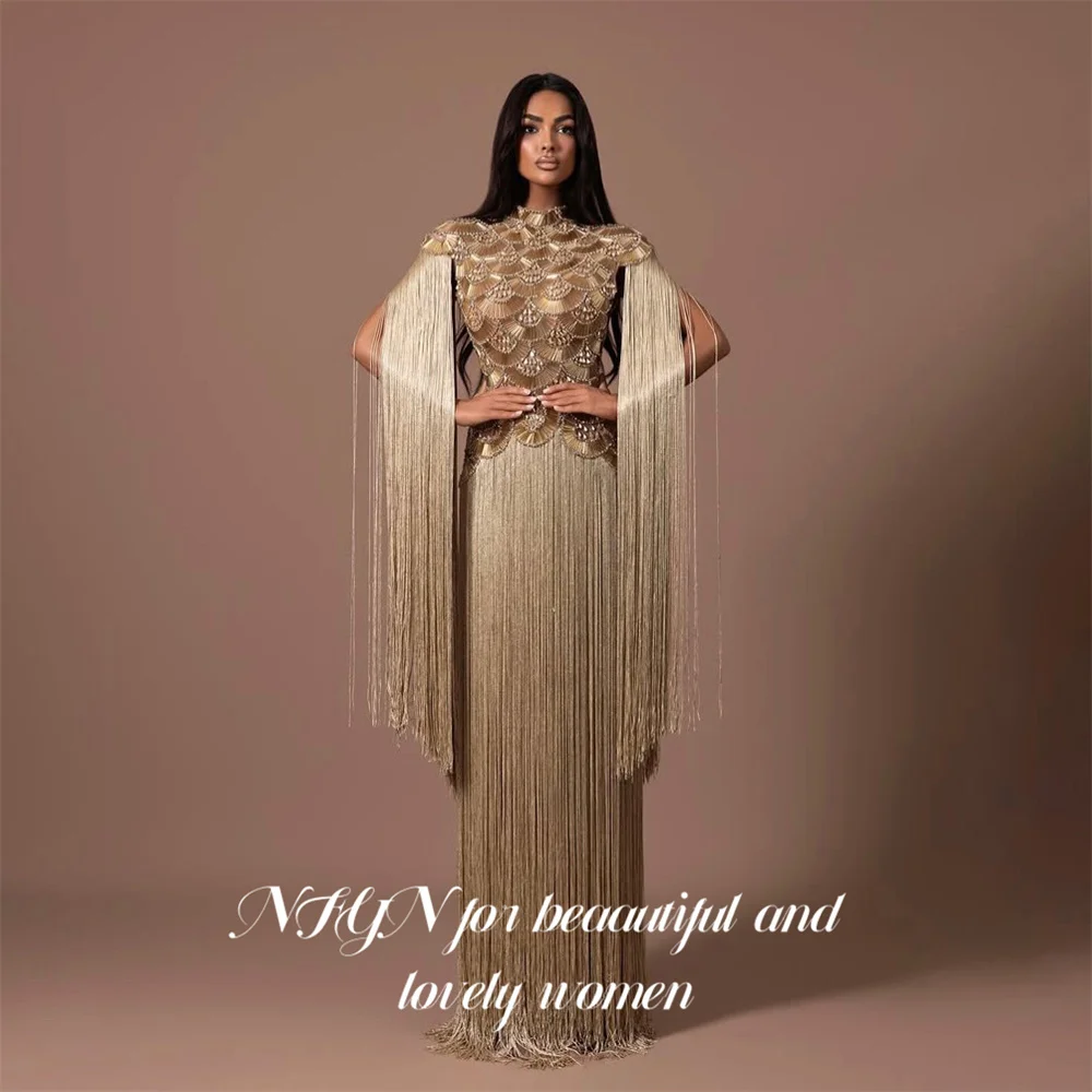 NFYN Golden Evening Dress High Neck Off Shoulder Party Dress Straight Glitter Sequin vestidos de fiesta Prom Gowns Customized image 2