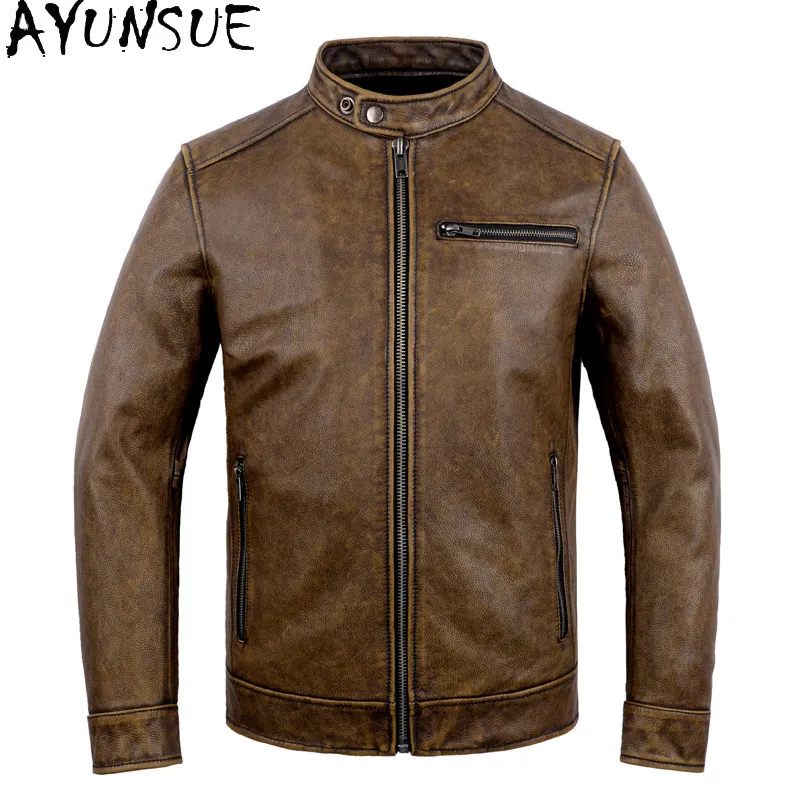 AYUNSUE Men Vintage Stone‑Washed Distressed Real Leather Coat Short Slim Fit Top‑Grain Cowhide Genuine Leather Jacket Motorcycle
