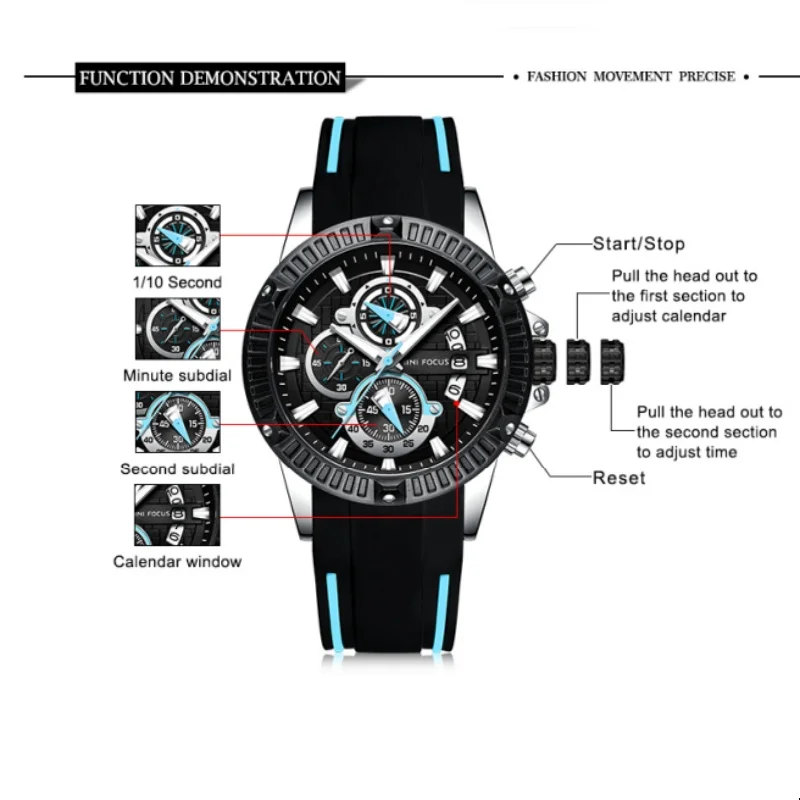 MINI FOCUS 0244 Multifunctional Watch Men\'s Quartz Watches Carved Case Waterproof Calendar Sports Wristwatch Cool reloj hombre