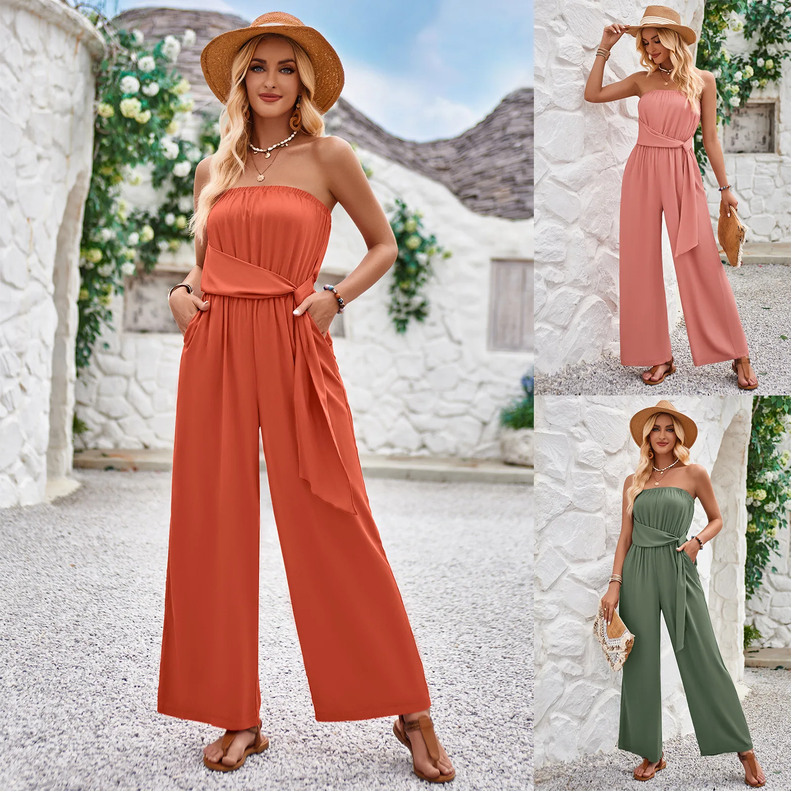 2024 Summer New Women Leisure Solid Color Bra Tie Waist Slim Fit jumpsuit Ladies Holiday Style Fashion Two Pieces Suit Full Set