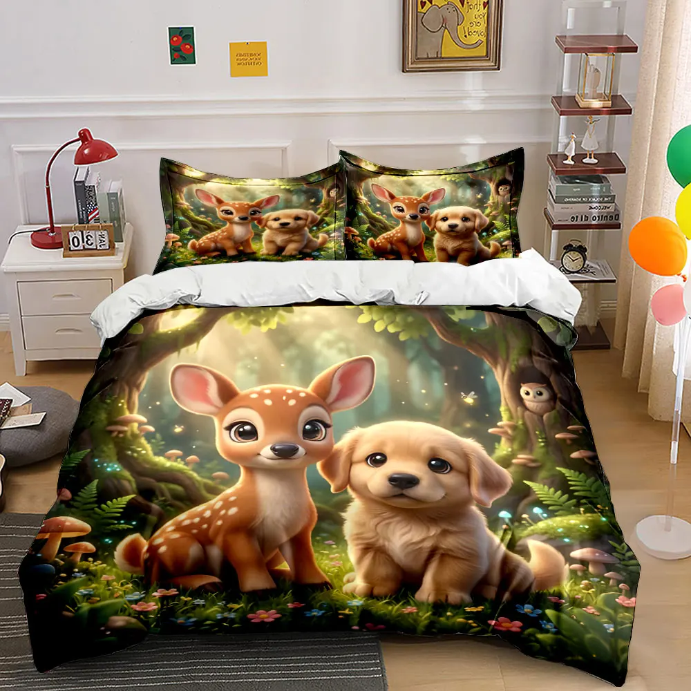 Friendly deer and dog in forest Printed Duvet Cover Set 1 Duvet Cover+2 Pillowcase Multi Size Bedroom Bedding Decoration