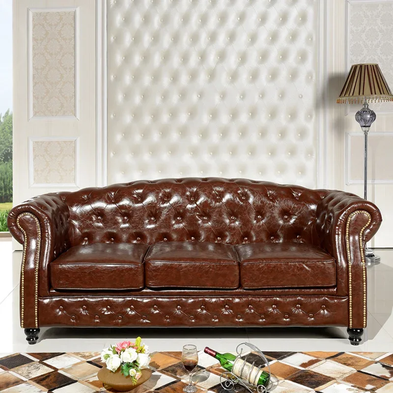 For Classic Chesterfield American Style Sofa Vintage Leather 3 Seats Sofa For Living Room