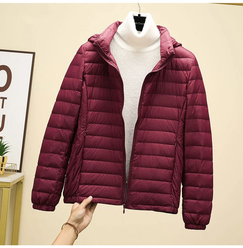 Schinteon Women Ultralight 90% White Duck Down Jacket with Removable Hood Autumn Winter Thin Outwear Portable Storage 2026 New