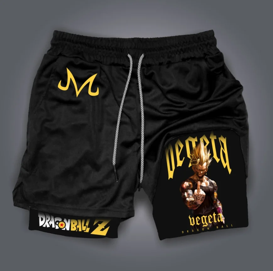 Męskie szorty letnie Dragon Ball, sportowe, oddychające, odprowadzające pot, dwuwarstwowe, streetwear z nadrukiem postaci z anime.
