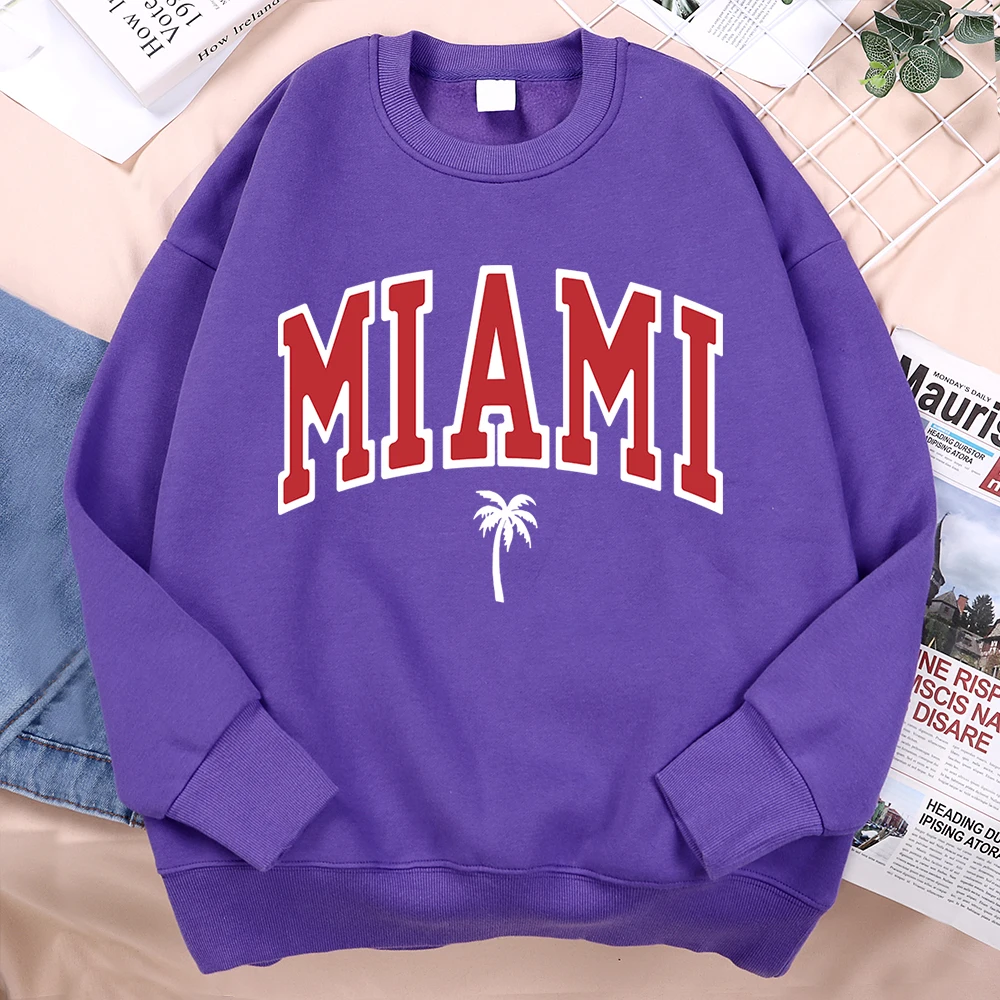 Miami, Usa Coconut Trees, Sunny Beach Male Sweatshirts Hip Hop Fleece Hoody Creativity Loose Hoody Street O-Neck Women Hoodie