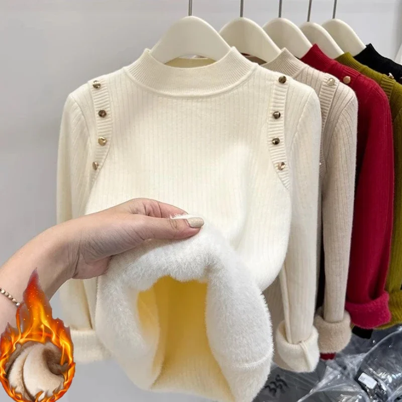 

Autumn Winter Women Pullovers Button Turtleneck Knitted Sweater 2025 Basic Women Fleece Lined Thickened Warm Sweaters